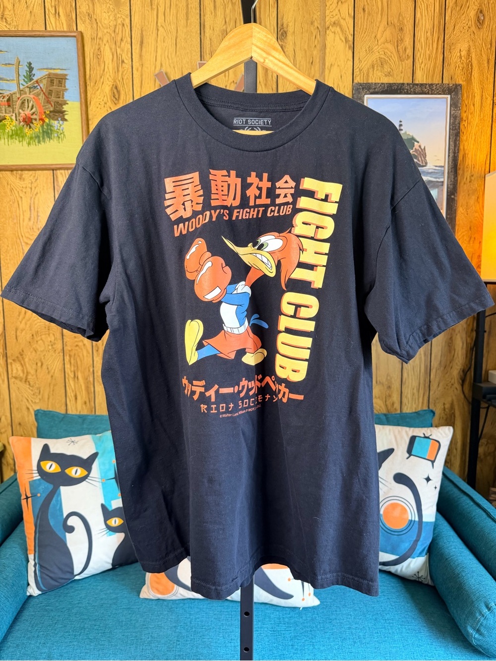 Riot Society Black Tee with Red & Yellow Woody Boxing Graphic